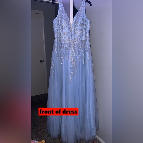 JVN Dress, Style #JVN07638 Light Blue, with silver and simmer designs all around - Picture 1 of 5